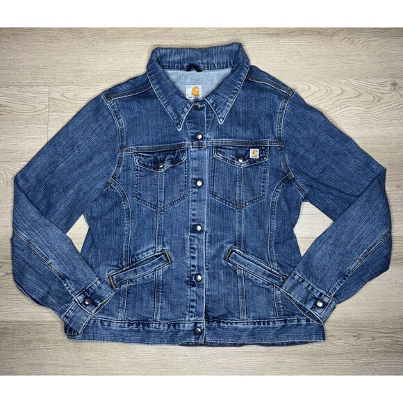 Carhartt For Women Denim Trucker Jacket Stretch Blue Snap Front Dark Wash XL - Picture 2 of 6